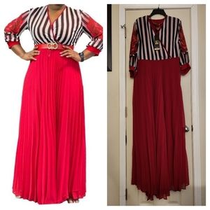 ECHRISE-NY Sophisticated Red/Black Sheer Sleeve Stoned Striped Floral Maxi Dress